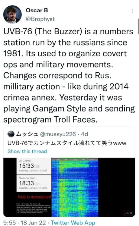 Oscar В @Brophyst UVB-76 (The Buzzer) is a numbers station run the russians since 1981. Its used to organize covert ops and military movements. Changes correspond to Rus. millitary action like during 
