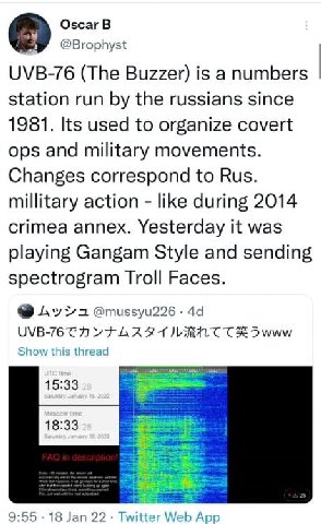 Oscar В @Brophyst UVB-76 (The Buzzer) is a numbers station run the russians since 1981. Its used to organize covert ops and military movements. Changes correspond to Rus. millitary action like during 