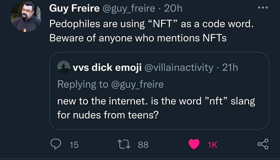 3 Guy Freire freire Pedophiles are using “МЕТ” as a code word. Beware of anyone who mentions NFTs vvs dick етой @villainactivity Replying to @guy freire new to the internet. is the word slang for nude