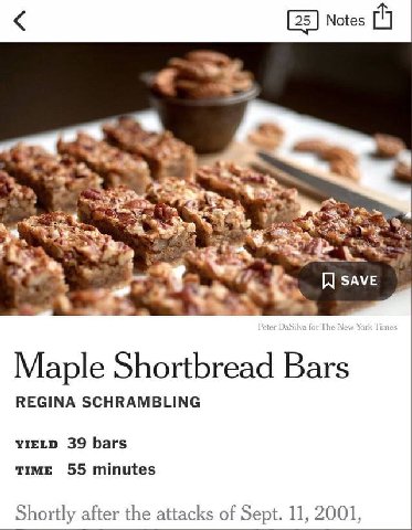 [25] Notes Maple Shortbread Bars REGINA SCHRAMBLING YIELD 39 bars TIME 55 minutes Shortly after the attacks of Sept. 11, 2001,