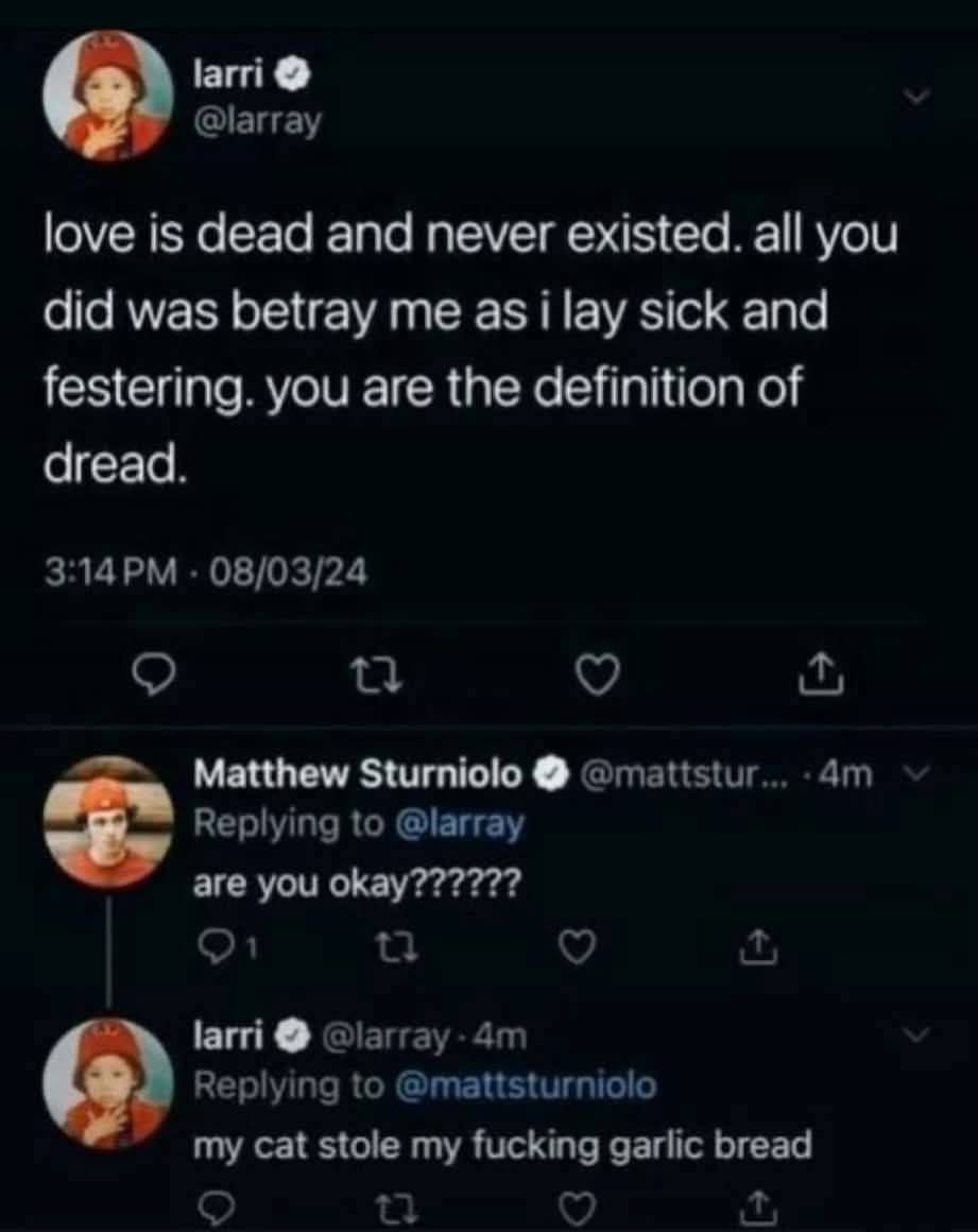 @larray love is dead and never existed. all you did was betray me as i lay sick and festering. you are the definition of dread. 08/03/24 Matthew Sturniolo @mattstur... Replying to @larray are you оКау
