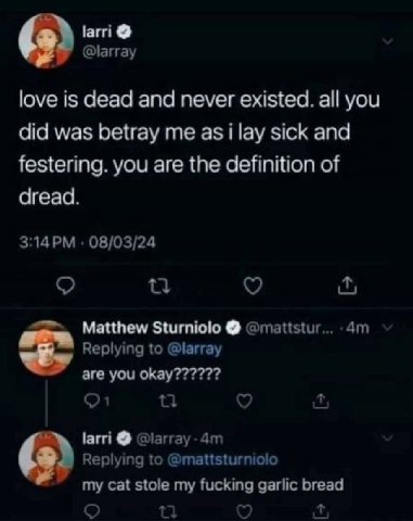 @larray love is dead and never existed. all you did was betray me as i lay sick and festering. you are the definition of dread. 08/03/24 Matthew Sturniolo @mattstur... Replying to @larray are you оКау