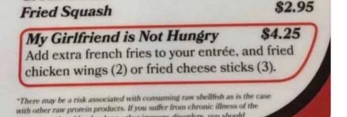 Girlfriend is Not Hungry $4.25 Add extra french fries to your entrée, and fried chicken wings (2) or fried cheese sticks (3). “There may be risk weh raw as the case woth raw protein products a suffer 