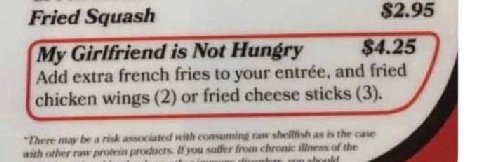 Girlfriend is Not Hungry $4.25 Add extra french fries to your entrée, and fried chicken wings (2) or fried cheese sticks (3). “There may be risk weh raw as the case woth raw protein products a suffer 