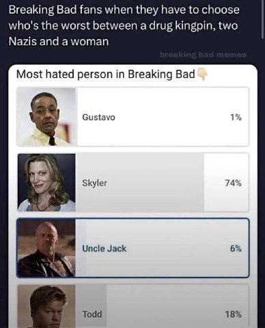 Breaking Bad fans when they have to choose who's the worst between a drug kingpin, two Nazis and a woman Most hated person in Breaking Bad Gustavo 1% Skyler 74% Uncle Jack 6% Todd 18%