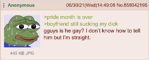 Anonymous 06/30/21(Wed)14:49:08 No.858042195 >pride month is over >boyfriend still sucking my dick gguys is he gay? don’t know how to tell him but straight. 445 JPG