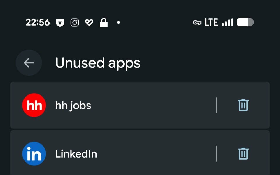 22:56 9 LTE wil Unused apps