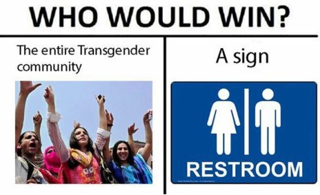 WHO WOULD WIN? The entire Transgender community A sign RESTROOM