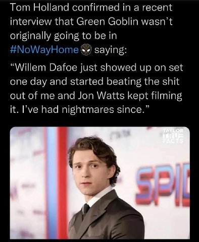 Tom Holland confirmed in а interview that Green Goblin wasn originally going to be in Saying: “Willem Dafoe just showed up on set one day and started beating the shit out of me and Jon Watts kept film