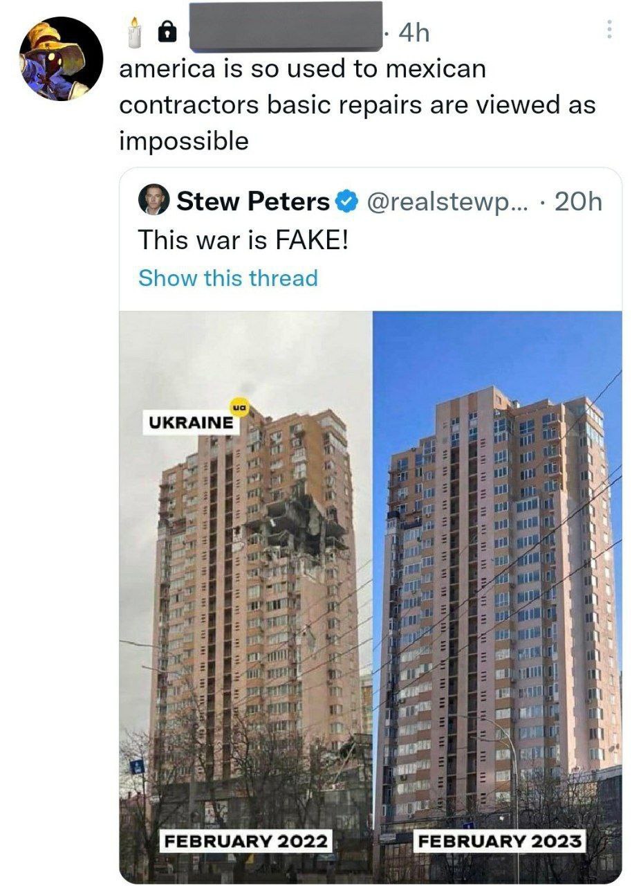 america is so used to mexican contractors basic repairs are viewed as impossible Stew Peters @realstewp... This war is FAKE! Show this thread UKRAINE