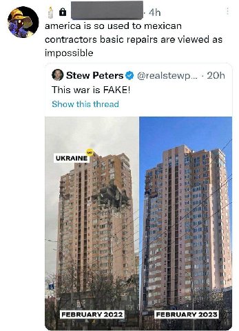 america is so used to mexican contractors basic repairs are viewed as impossible Stew Peters @realstewp... This war is FAKE! Show this thread UKRAINE