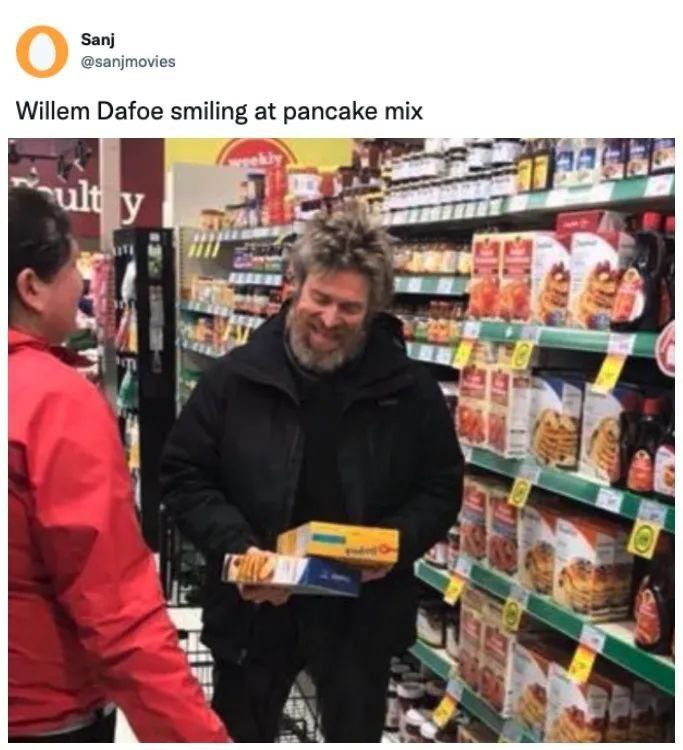Зап] @sanjmovies Willem Dafoe smiling at pancake mix