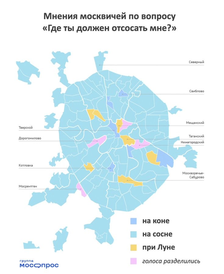 Мнения москвичей по вопросу «Где ты должен отсосать мне?» Северный Мещанский Таганский Дорогомилово Котловка Москворечье- Мосрентген на коне на сосне при Луне группа голоса разделились мосс>прос