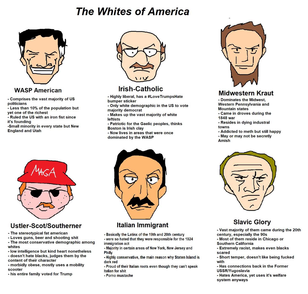 The Whites of America lrish-Catholic WASP American Highly liberal, has а #LoveTrumpsHate Midwestern Kraut Comprises the vast majority of Dominates the Midwest, politicians bumper sticker Only white de
