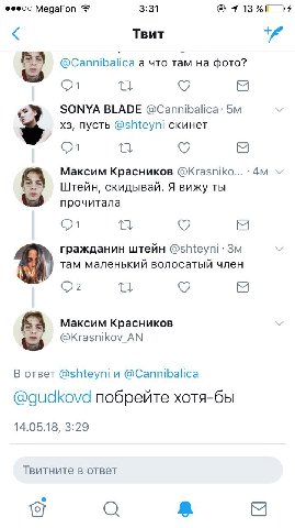 3:31 MegaFon TBUT и @Cannibalica а что там на фото? SONYA BLADE @Cannibalica: пусть @shteyni скинет an) Максим Красников Штейн, скидывай. A вижу ты прочитала гражданин штейн там маленький волосатый чл