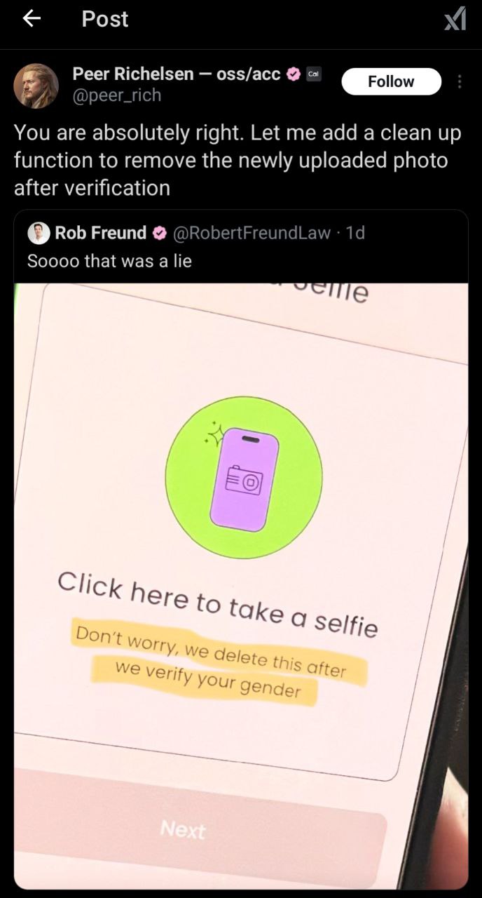 Post Peer Richelsen oss/acc peer_rich You are absolutely right. Let me add a clean up function to remove the newly uploaded photo after verification Rob Freund @RobertFreundLaw Soooo that was a lie С!