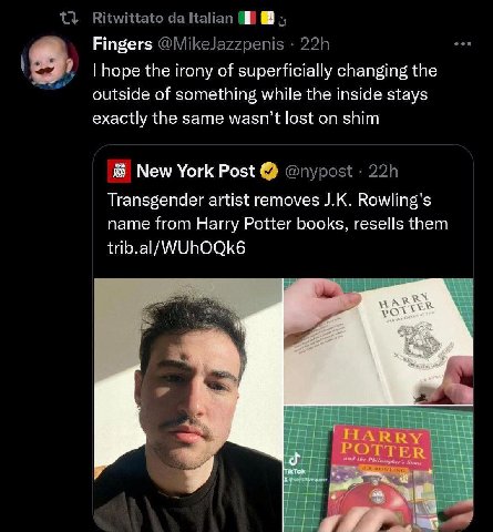Fingers hope the irony of superficially changing the outside of something while the inside stays exactly the same wasn’t lost on shim New York Post Transgender artist removes Rowling's name from Harry