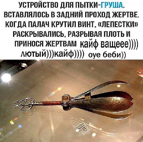 УСТРОЙСТВО ДЛЯ ПЫТКИ-ГРУША. ВСТАВЛЯЛОСЬ В ЗАДНИЙ ПРОХОД ЖЕРТВЕ. КОГДА ПАЛАЧ КРУТИЛ ВИНТ, «ЛЕПЕСТКИ» РАСКРЫВАЛИСЬ, РАЗРЫВАЯ ПЛОТЬ И ПРИНОСЯ ЖЕРТВАМ кайф лютый)))каиф)))) oye беби))