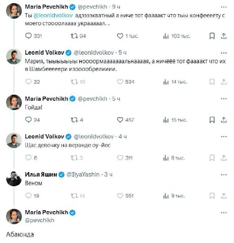 Maria Pevchikh 9 Ты @leonidvolkov а ниче тот фаааакт что тыы конфеееету с моего стоооолаааа украаааал. О 331 94 1тыс. 1 103 тыс. A Leonid Volkov 5 Мария, тыыыыыыы ноооормааааааальнаааая, а ничёёё тот 