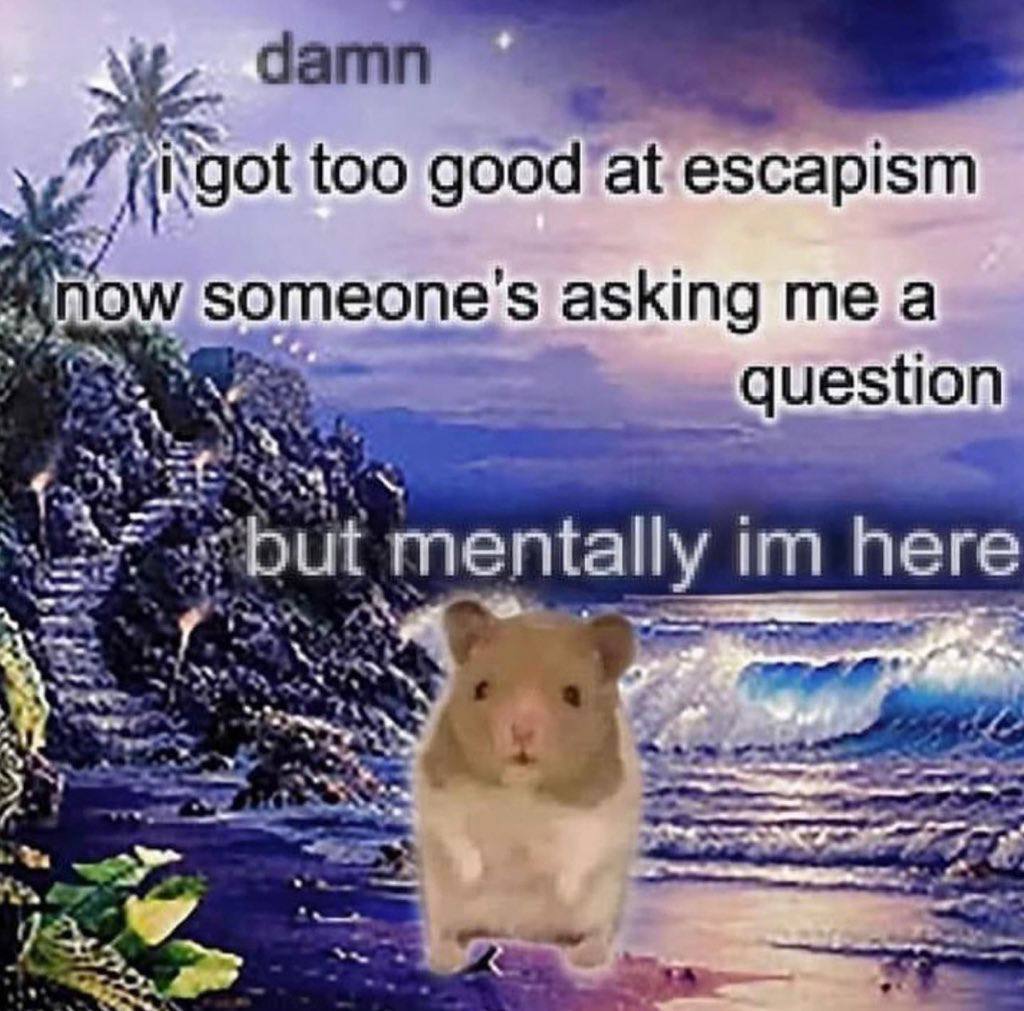 too escapism someone's asking me a question mentally here