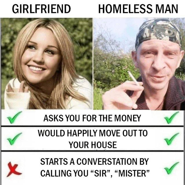 GIRLFRIEND HOMELESS MAN ASKS YOU FOR THE MONEY WOULD HAPPILY MOVE OUT TO YOUR HOUSE STARTS A CONVERSTATION CALLING YOU “SIR”, “MISTER”