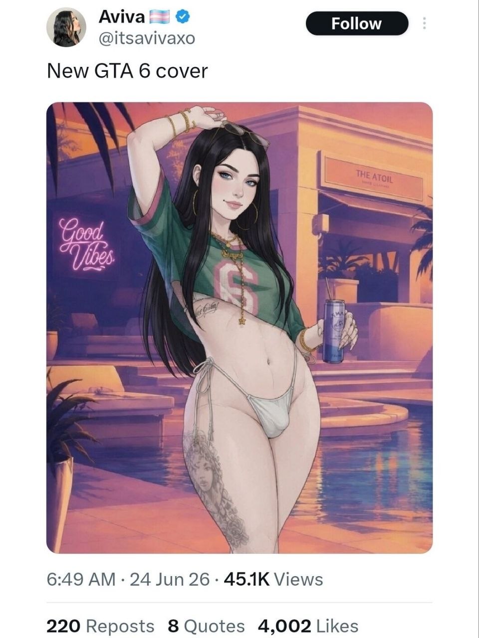 Avival @itsavivaxo New GTA 6 cover Good у 9 6:49 24 Jun 26 Views 220 Reposts 8 Quotes 4,002 Likes