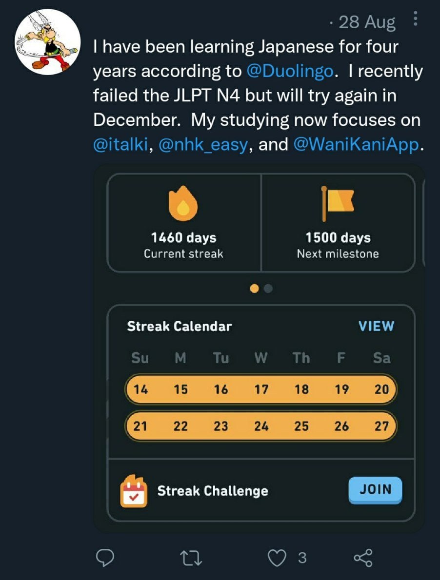>4 years straight of Duolingo
>Can't pass N4

Whatever you do oomfies, don't let this be you. Anki is free. Please don't use Duolingo.