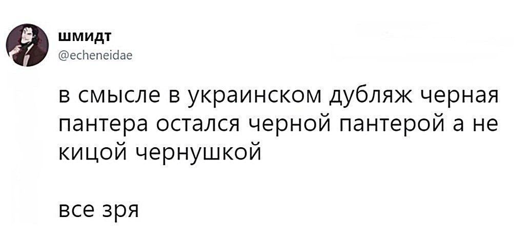 шмидт @echeneidae в смысле в украинском дубляж черная пантера остался черной пантерой а не кицой чернушкой все зря