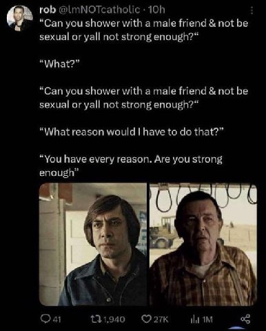 rob “Can you shower with a male friend not sexual or yall not strong enough?“ “What?” “Can you shower with a male friend not be sexual or yall not strong enough?“ “What reason would have to that? “You