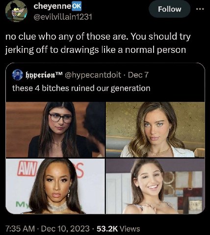Follow no clue who any of those are. You should try jerking off to drawings like a normal person hyperion™ @hypecantdoit Dec 7 these 4 bitches ruined our generation i! 7:35 Dec 10, 2023 Views