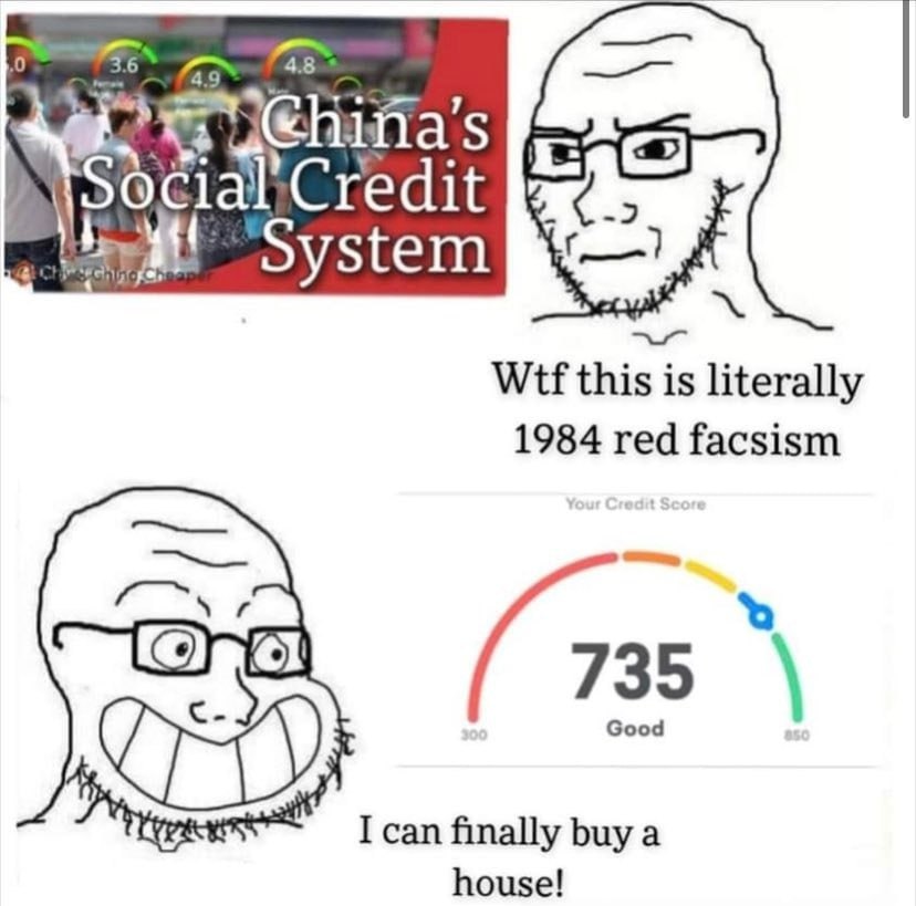 Credit System Wtf this is literally 1984 red facsism Good I can finally buy a house!