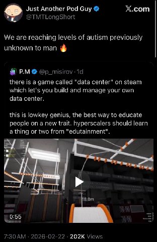 Just Another Pod Guy Х.сот We are reaching levels of autism previously unknown {о пап there is а game called "data center" steam which let's you build and manage your own data center. this is lowkey g