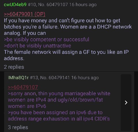 cwUD4eb9 #10, No. 60479107 16 hours ago >>60479001 If you have money and can't figure out how to get bitches you're a failure. Women are a a DHCP network analog. If you can >be visibly competent or su