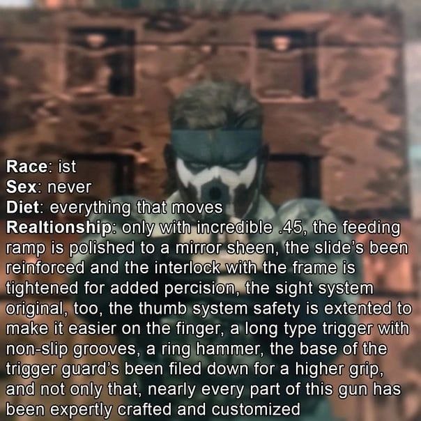 Race: ist я Sex: never Diet: everything that moves Realtionship: .45, the feeding ramp is polished to a mirror_sheen, the slide’s been reinforced and the interlock With the frame is tightened for adde