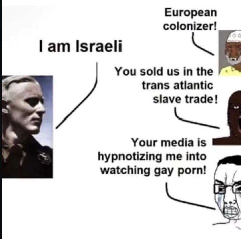 European colonizer! 1 Israeli You sold the trans atlantic slave trade! Your media is hypnotizing me into watching gay porn!