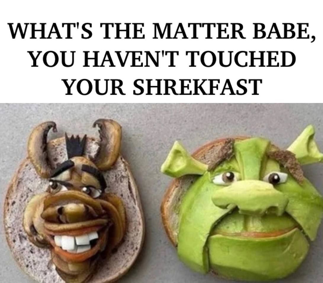 WHAT'S THE MATTER BABE, YOU HAVEN'T TOUCHED YOUR SHREKFAST К а