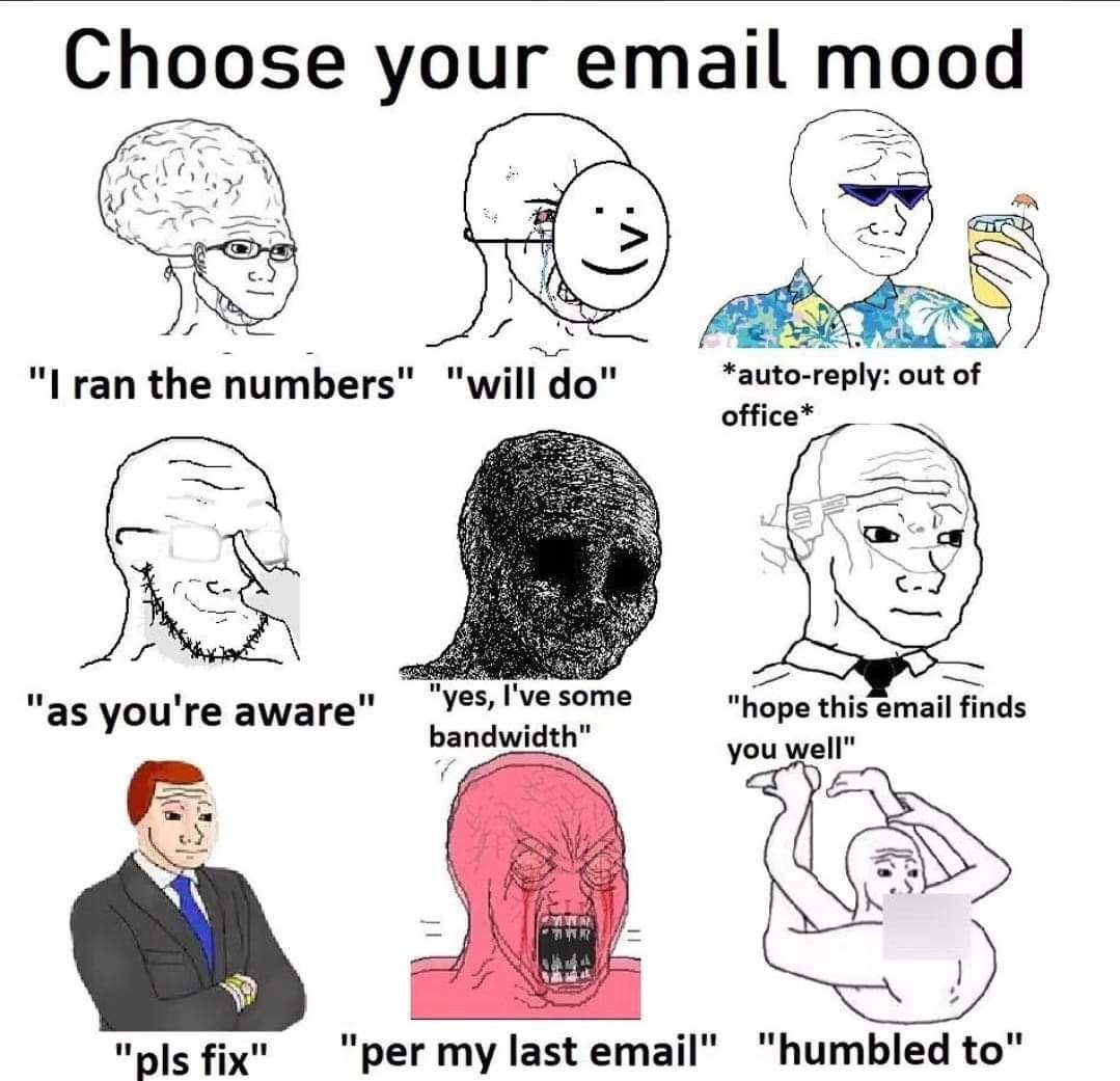 Choose your email mood the numbers will *auto- out of office* some "hope this email finds as you aware bandwidth" you well" 34» pls fix per my last email" "humbled to"
