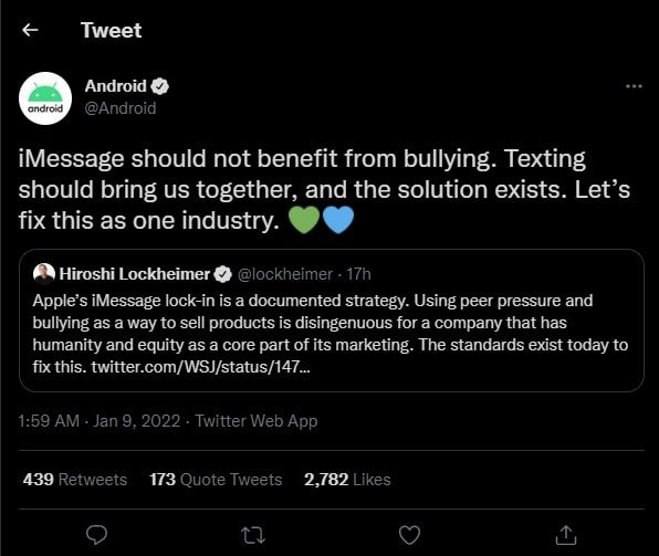 Tweet Android @Android iMessage should not benefit from bullying. Texting should bring together, and the solution exists. Let’s fix this as one industry. Hiroshi Lockheimer @lockheimer Apple’s iMessag