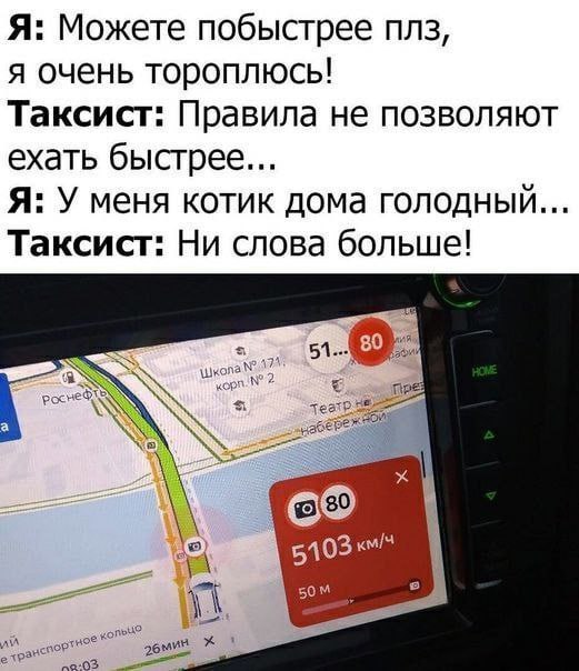 Я: Можете побыстрее плз я очень тороплюсь! Таксист: Правила не позволяют ехать быстрее Я: У меня котик дома голодный Таксист: Ни слова больше! 51 a 5103 50™