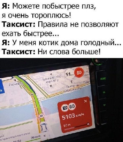 Я: Можете побыстрее плз я очень тороплюсь! Таксист: Правила не позволяют ехать быстрее Я: У меня котик дома голодный Таксист: Ни слова больше! 51 a 5103 50™