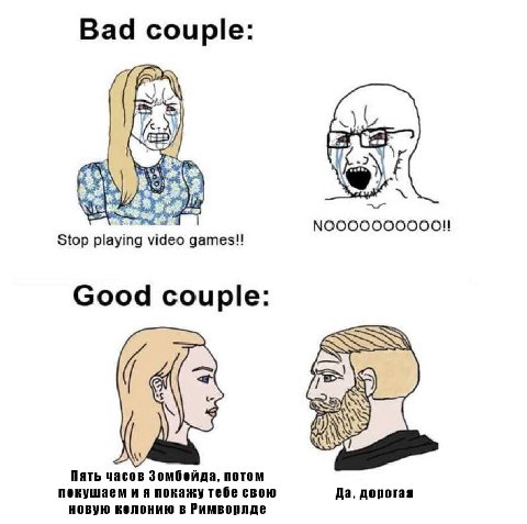 Bad couple: 1 NOOOOOOOOOO!! Stop video games!! Good couple: «3 Пать часов Зомбойда, потом покушаем и я покажу тебе свою Да, дорогая новую колонию в Римворлде