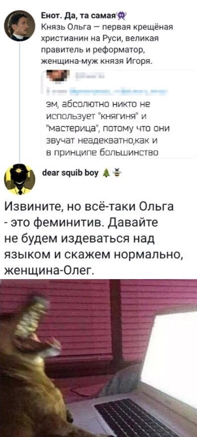 Енот. Да, самая Князь Ольга первая крещёная христианин на Руси, великая правитель и реформатор, женщина-муж князя Игоря. абсолютно никто не использует "княгиня" и "мастерица", потому что они звучат не