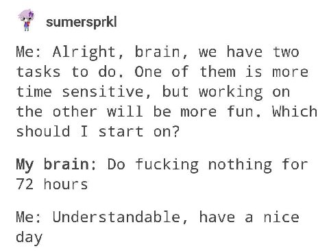 sumersprkl Me: Alright, brain, we have two tasks to One of them is more time sensitive, but working on the other will be more fun. Which Should I start on? My brain: fucking nothing for 72 hours Me: U