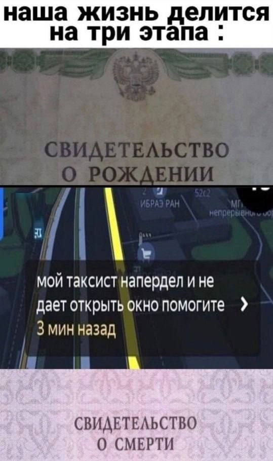 наша жизнь делится на три этапа мой таксист напердел и не Дает открыть окно помогите 3 мин назад СВИДЕТЕЛЬСТВО О СМЕРТИ