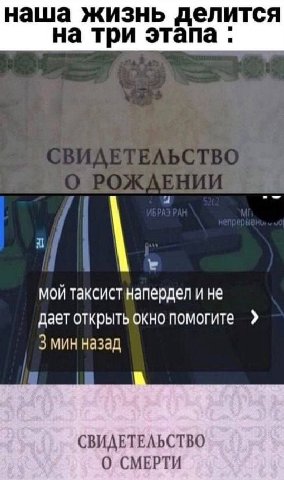 наша жизнь делится на три этапа мой таксист напердел и не Дает открыть окно помогите 3 мин назад СВИДЕТЕЛЬСТВО О СМЕРТИ