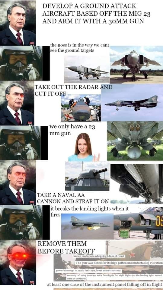 DEVELOP А GROUND ATTACK AIRCRAFT BASED OFF THE MIG 23 AND ARM IT WITH A GUN the nose is in the way we cant see the ground targets 4 TAKE OUT THE RADAR AND CUT IT OEF we only have а 23 gun TAKE A NAVAL