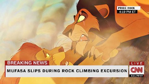 PRIDE ROCK у 4:19 BREAKING NEWS 1 MUFASA SLIPS DURING ROCK CLIMBING EXCURSION 6:21