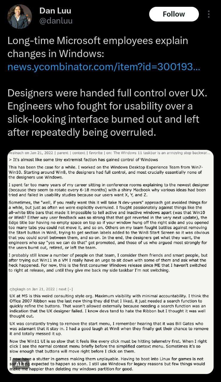 Dan Luu Follow У @danluu in Wind cnanges In у wala —2 Designers were handed full control over lick-looking interface burned out and left after repeatedly being overruled. It's almost like some tiny ex