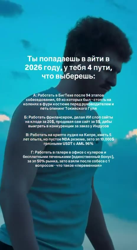 Ты попада в что выберешь: A: Работать в БигТехе после 94 этапов. собеседования, 69 из которых был "стоять на коленях в фури костюме перед руководителеми ‘петь опенинг Токийского Гуля. Б: Работать фрил