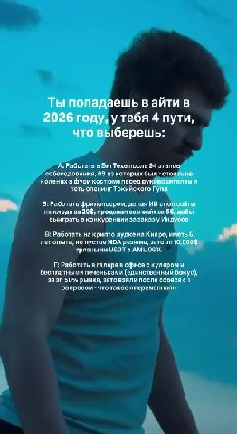 Ты попада в что выберешь: A: Работать в БигТехе после 94 этапов. собеседования, 69 из которых был "стоять на коленях в фури костюме перед руководителеми ‘петь опенинг Токийского Гуля. Б: Работать фрил